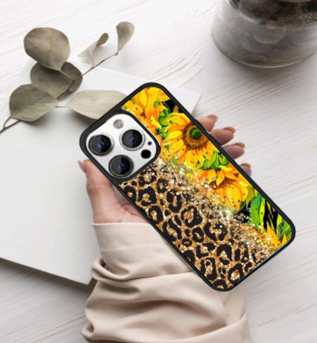 Sunflower/Cheetah Print IPhone 14 Phone Case, Anti-Slip Shockproof Bumper