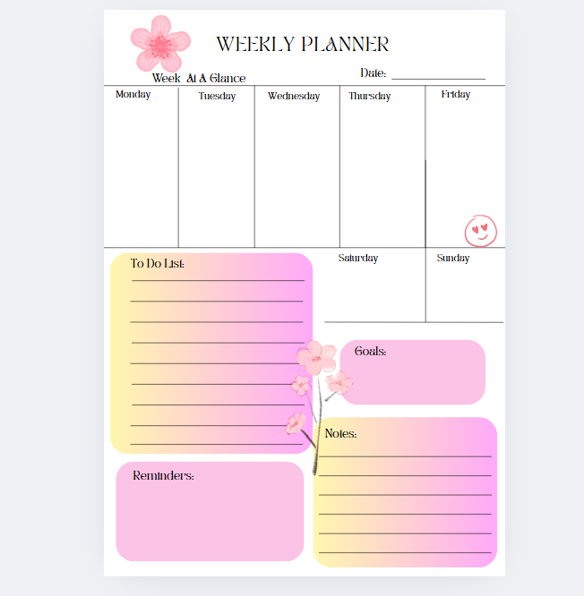 52-page Floral Weekly Planner with Note, To Do List, Reminders, Goals blocks