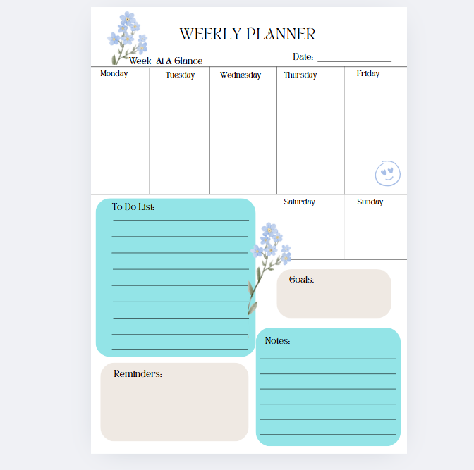 52-page Floral Weekly Planner with Note, To Do List, Reminders, Goals blocks