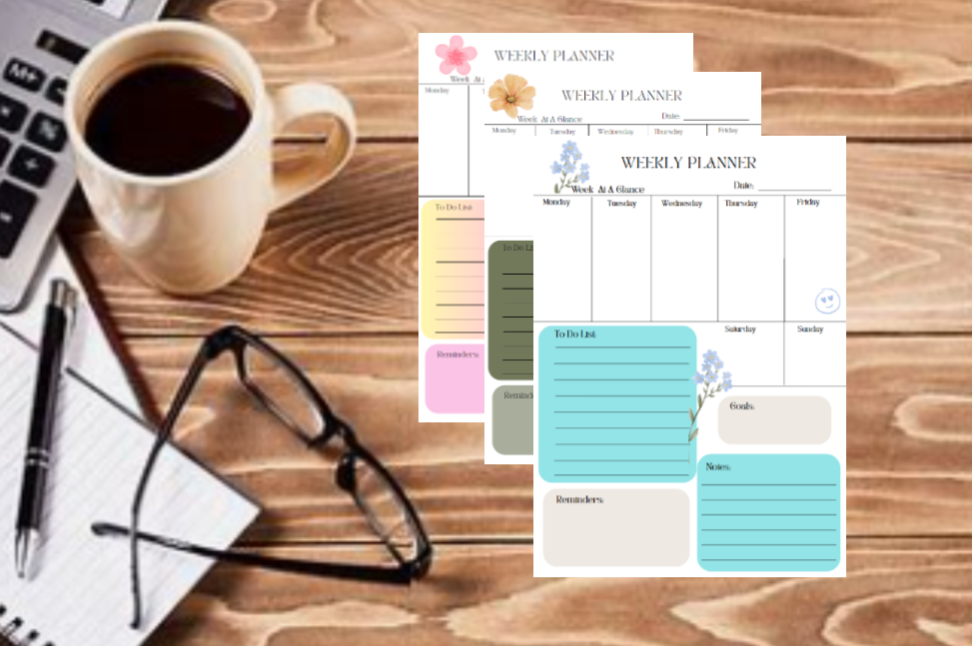52-page Floral Weekly Planner with Note, To Do List, Reminders, Goals blocks