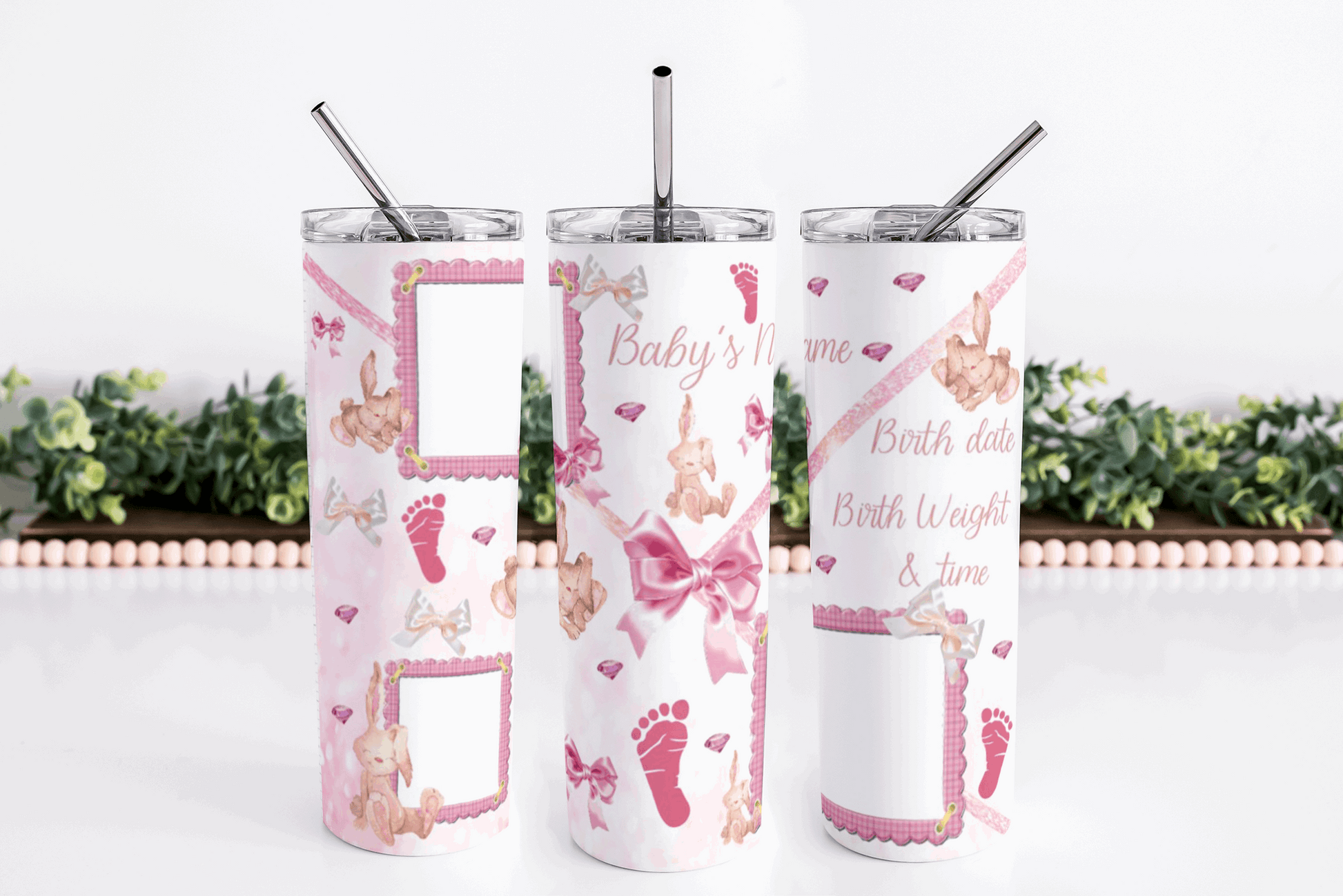Stainless Steel, 20oz Baby Girl Themed Skinny Tumbler w/lid & straw, can be personalized with photos and name