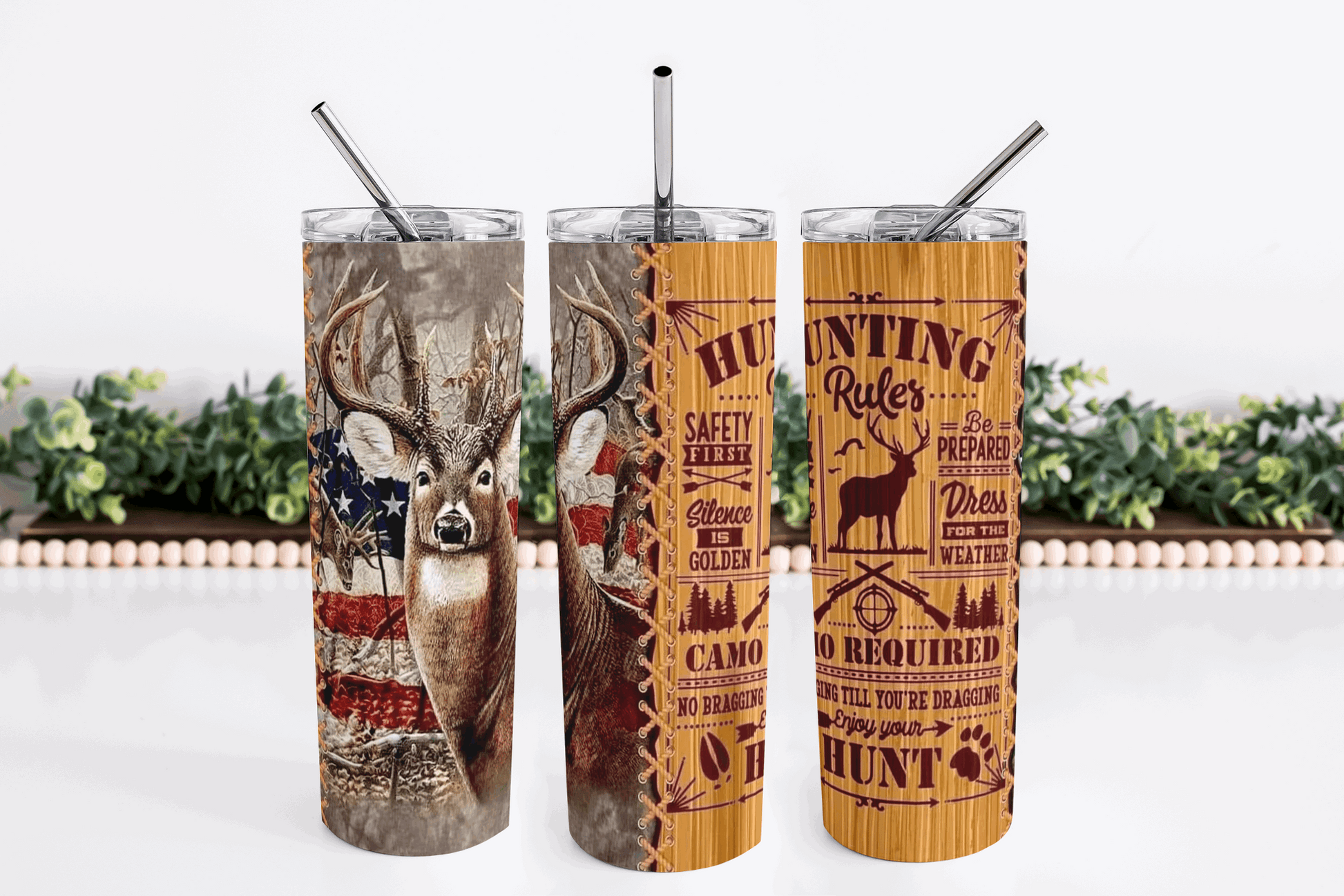 Stainless Steel 20oz Hunting Rules Themed Skinny Tumbler w/lid & straw