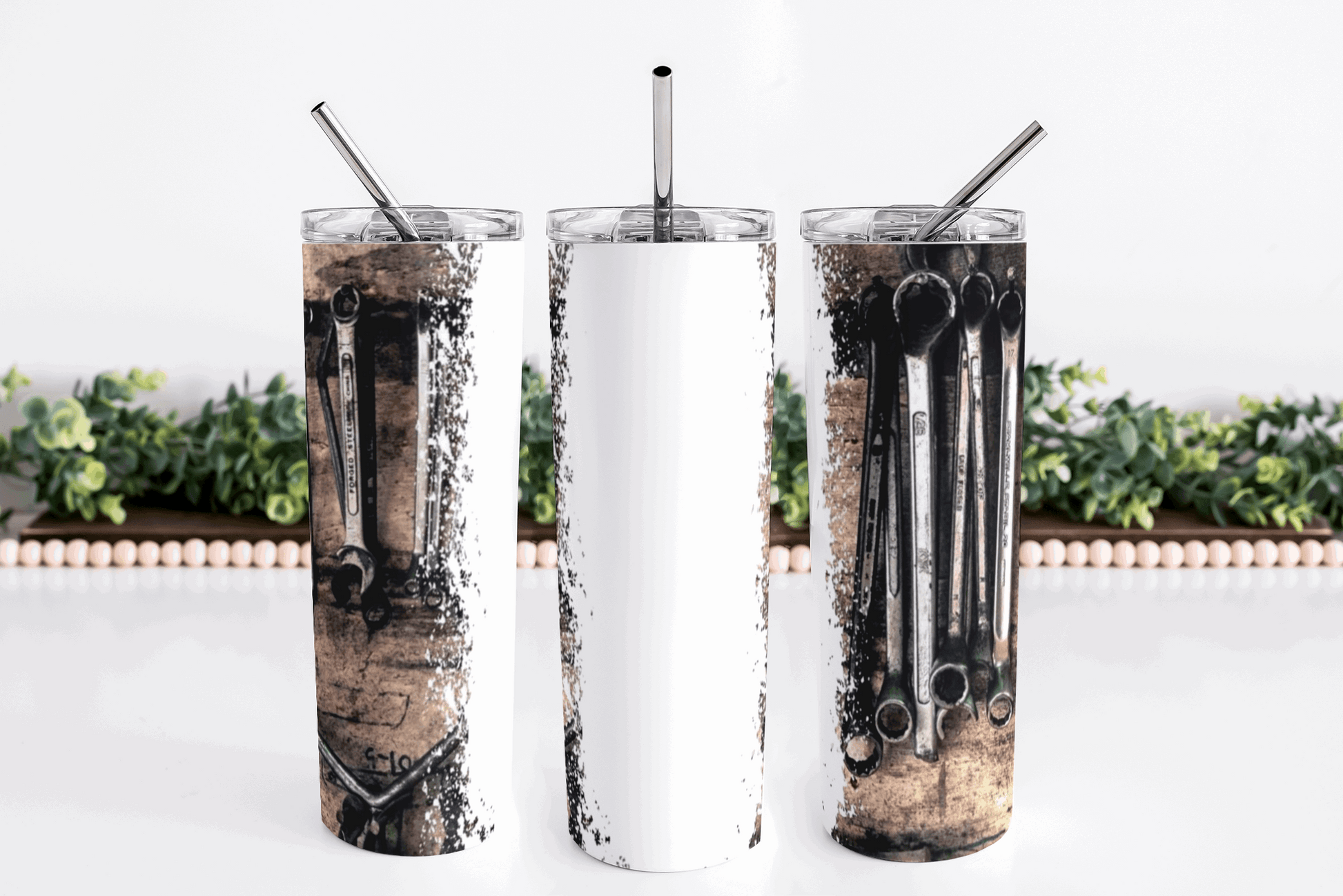 Stainless Steel 20oz Mechanic themed Skinny Tumbler w/lid & straw, can be personalized with name