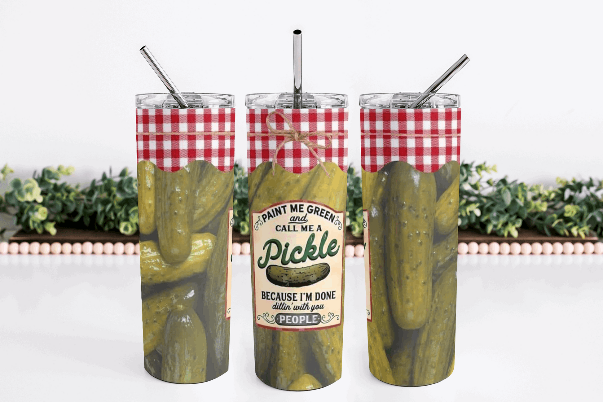 Stainless Steel 20oz Pickle Jar Themed Skinny Tumbler w/lid & straw