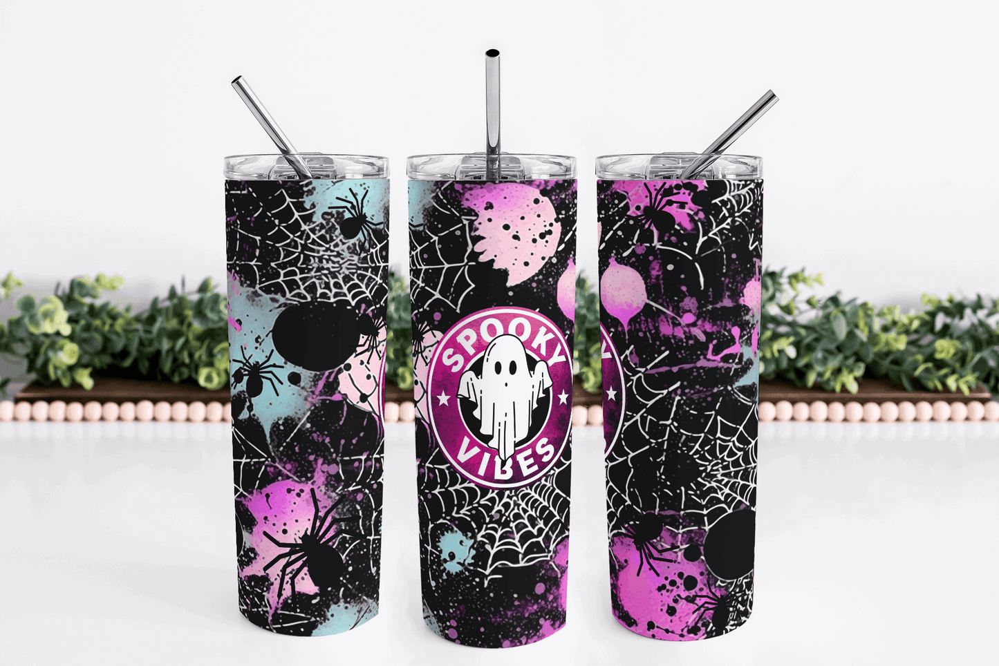 Stainless Steel, 20oz Spooky Web Themed Skinny Tumbler w/lid & straw