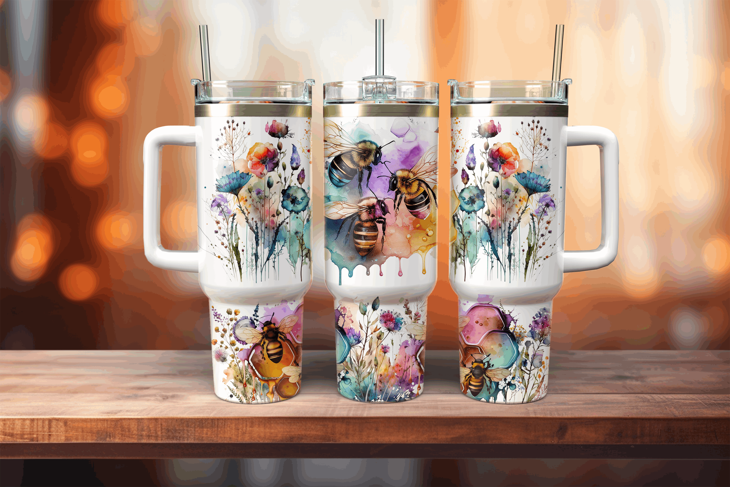 Stainless Steel 40oz Watercolor Bees Themed Tumbler w/Handle & straw