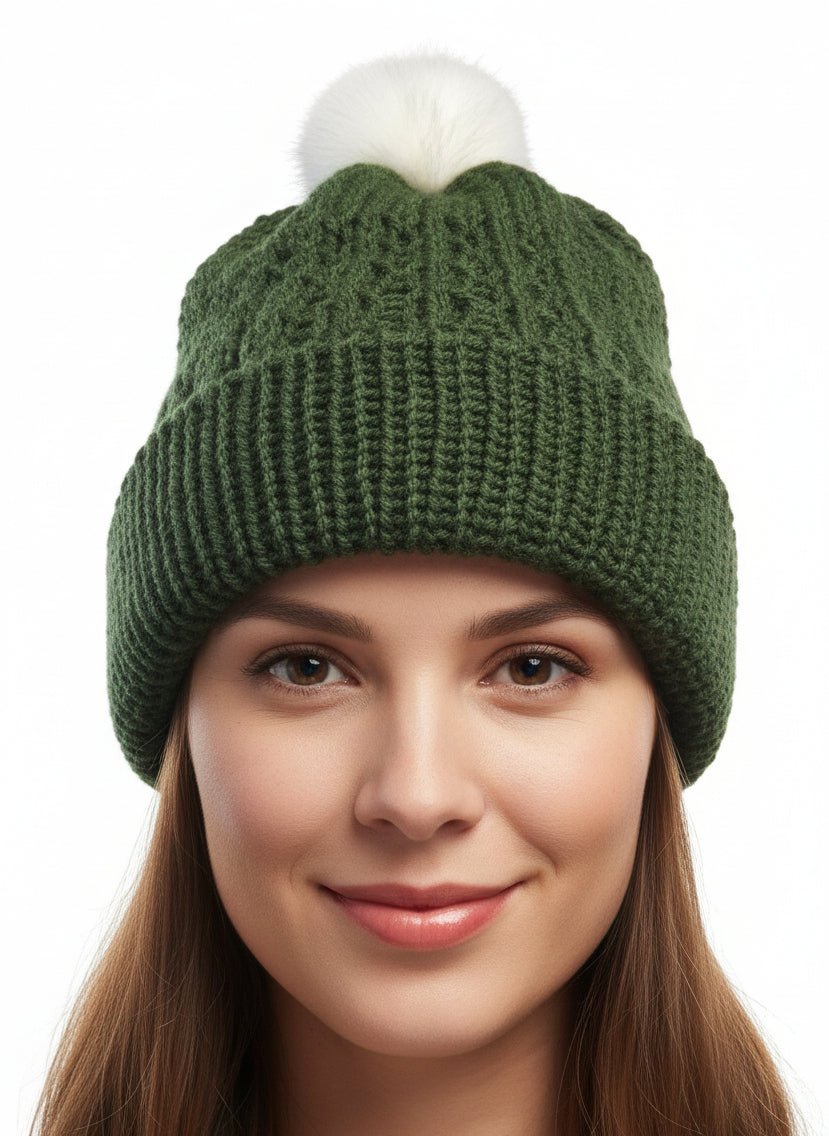 Adult Green Beanie with white fuzzie ball on top