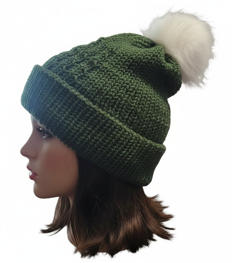 Adult Green Beanie with white fuzzie ball on top