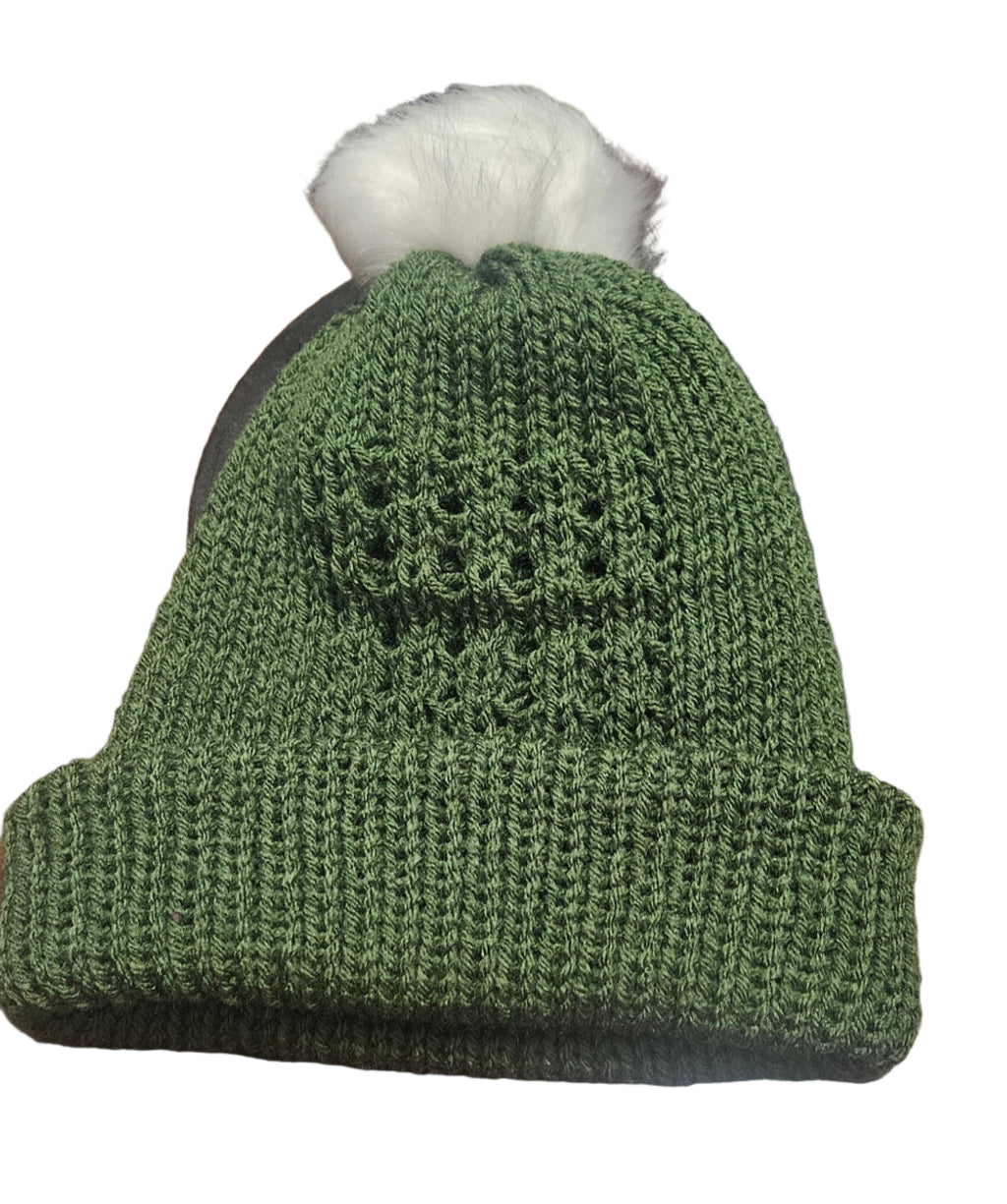 Adult Green Beanie with white fuzzie ball on top