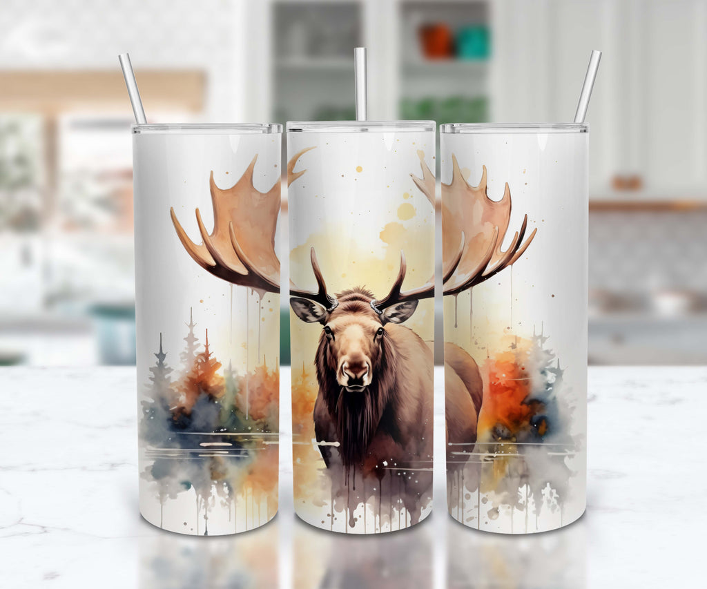 Moose Themed Stainless Steel 20oz Skinny Tumbler w/lid & straw