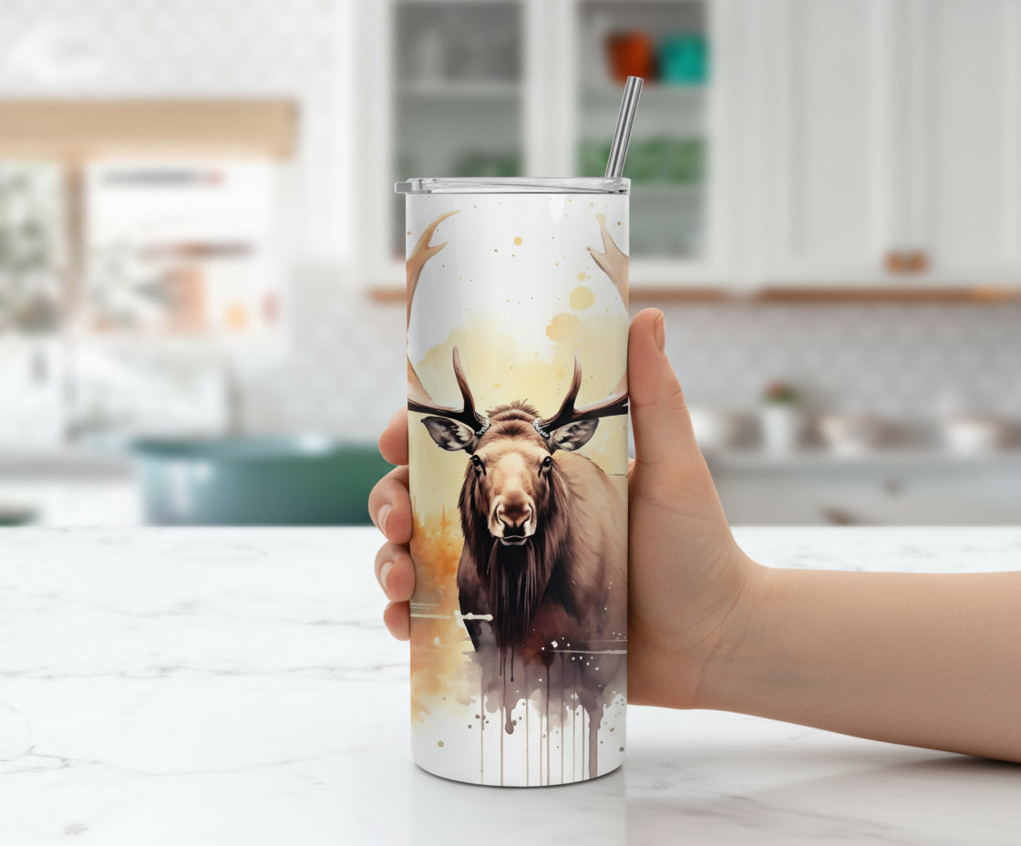 Moose Themed Stainless Steel 20oz Skinny Tumbler w/lid & straw