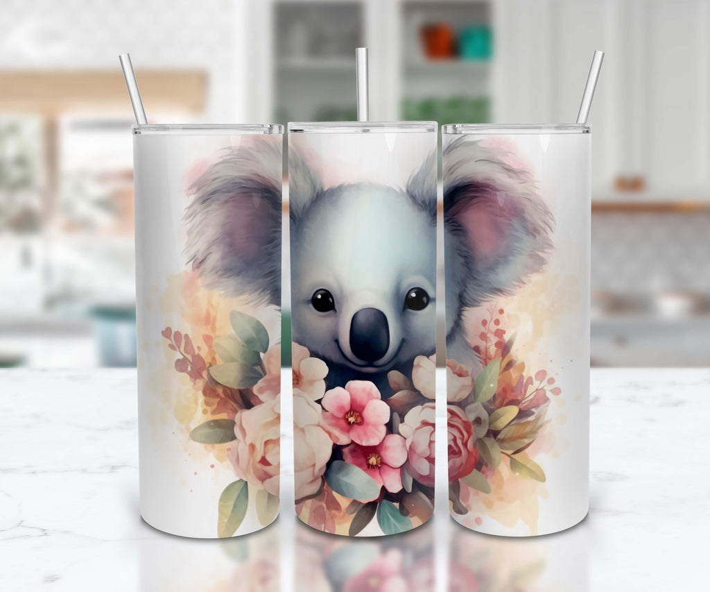 Koala Bear Themed Stainless Steel 20oz Skinny Tumbler w/lid & straw