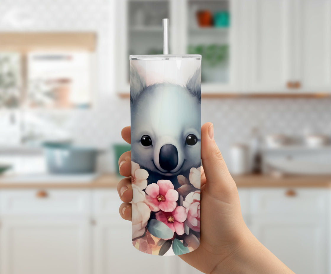 Koala Bear Themed Stainless Steel 20oz Skinny Tumbler w/lid & straw