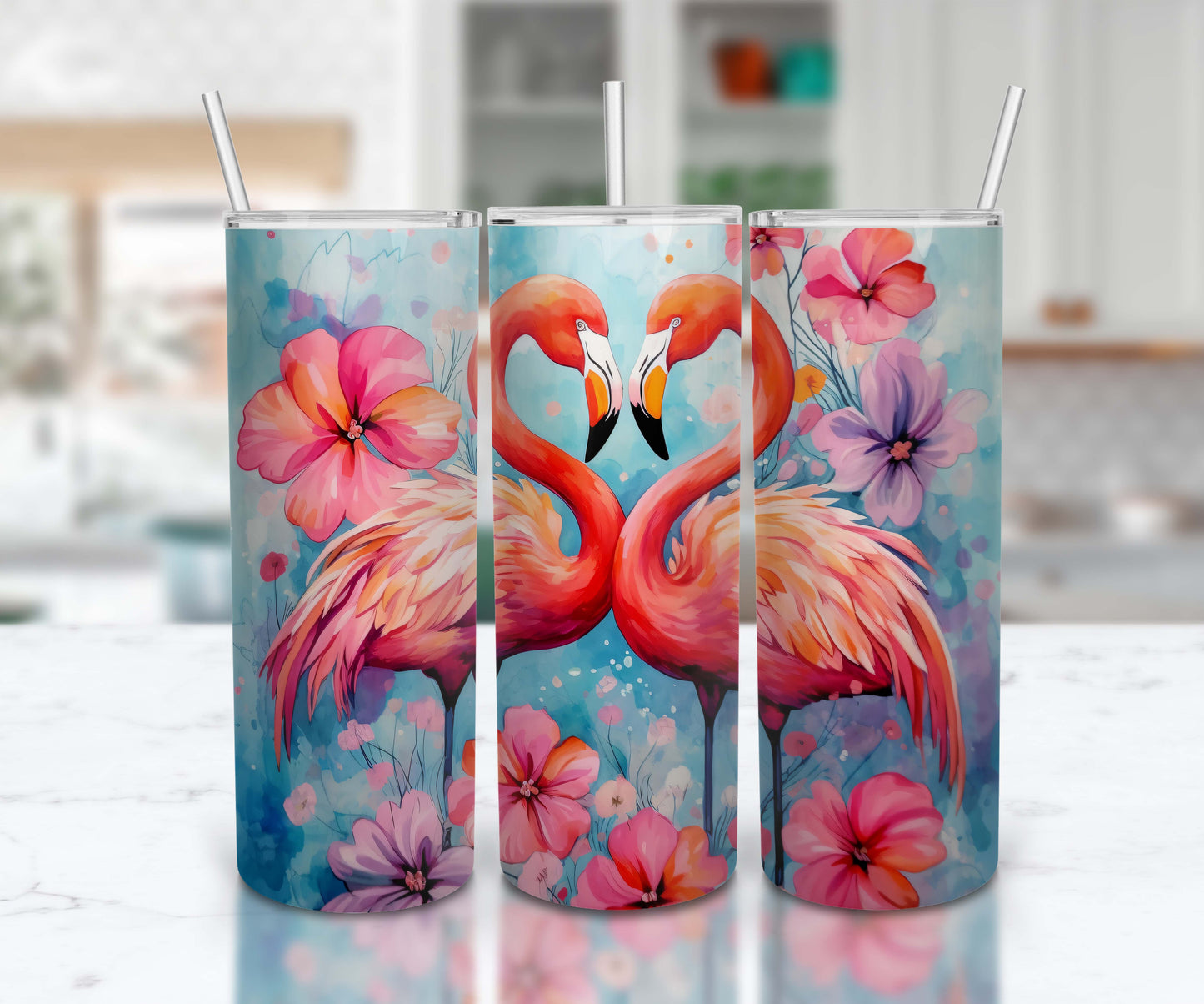 Flamingo Themed Stainless Steel 20oz Skinny Tumbler w/lid & straw