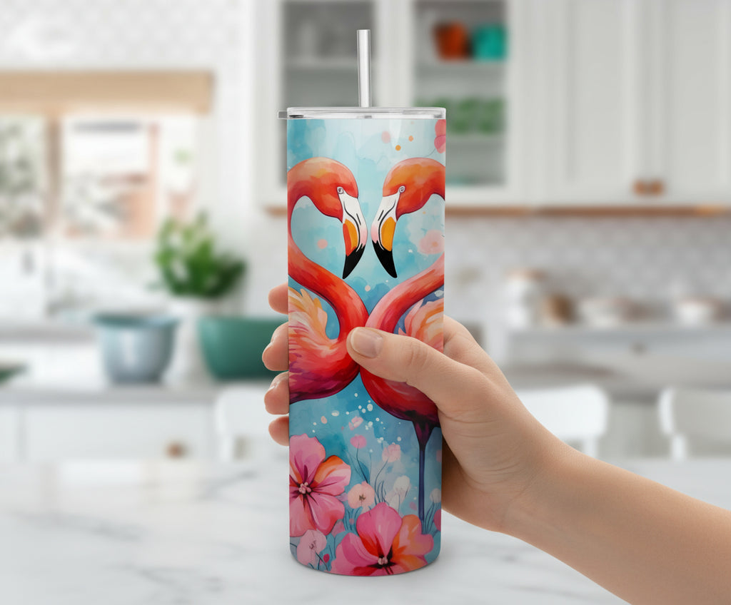 Flamingo Themed Stainless Steel 20oz Skinny Tumbler w/lid & straw