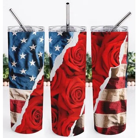 American Flag and Roses 20oz Skinny Tumbler My Simple Creations 
