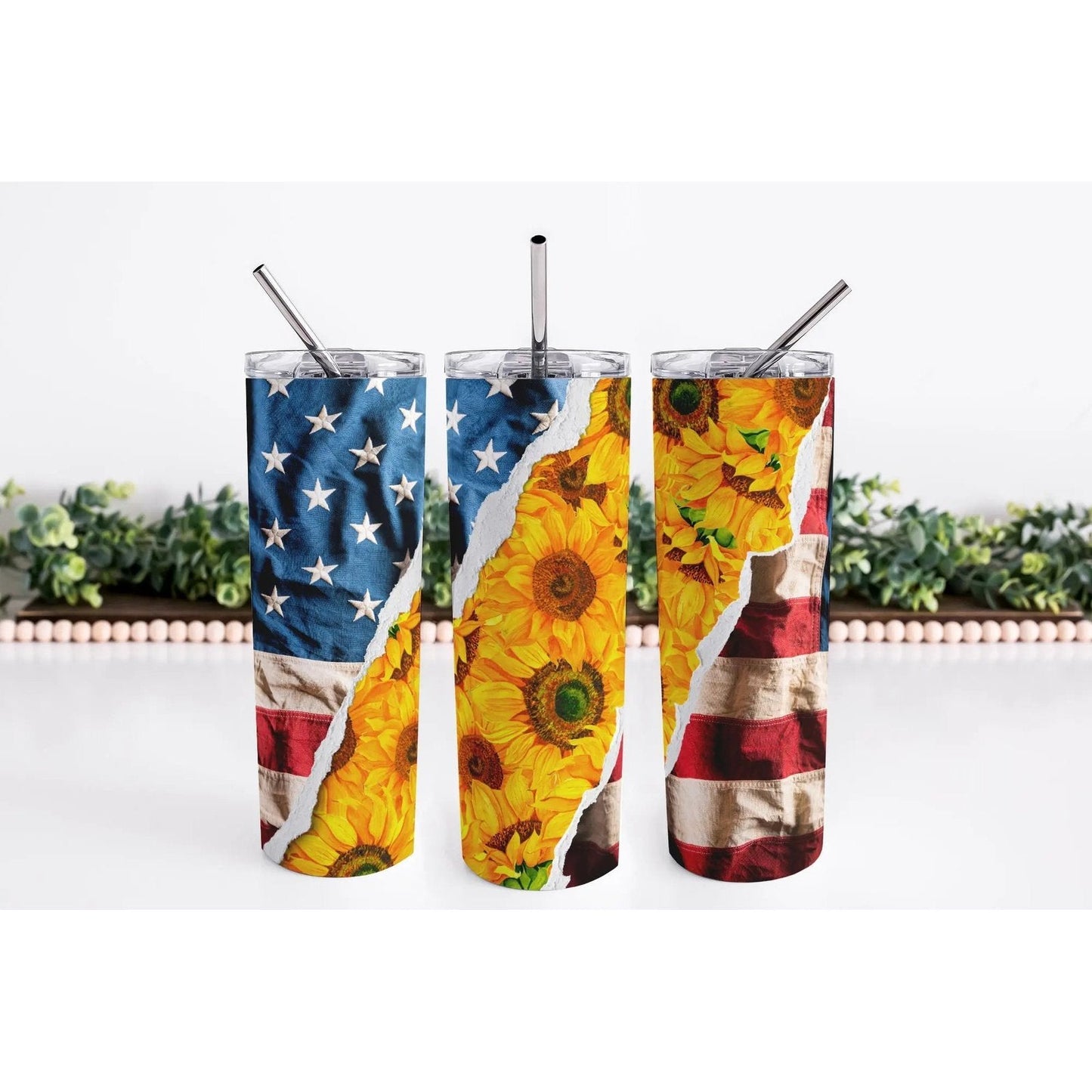 American Flag and Sunflower 20oz Skinny Tumbler My Simple Creations 