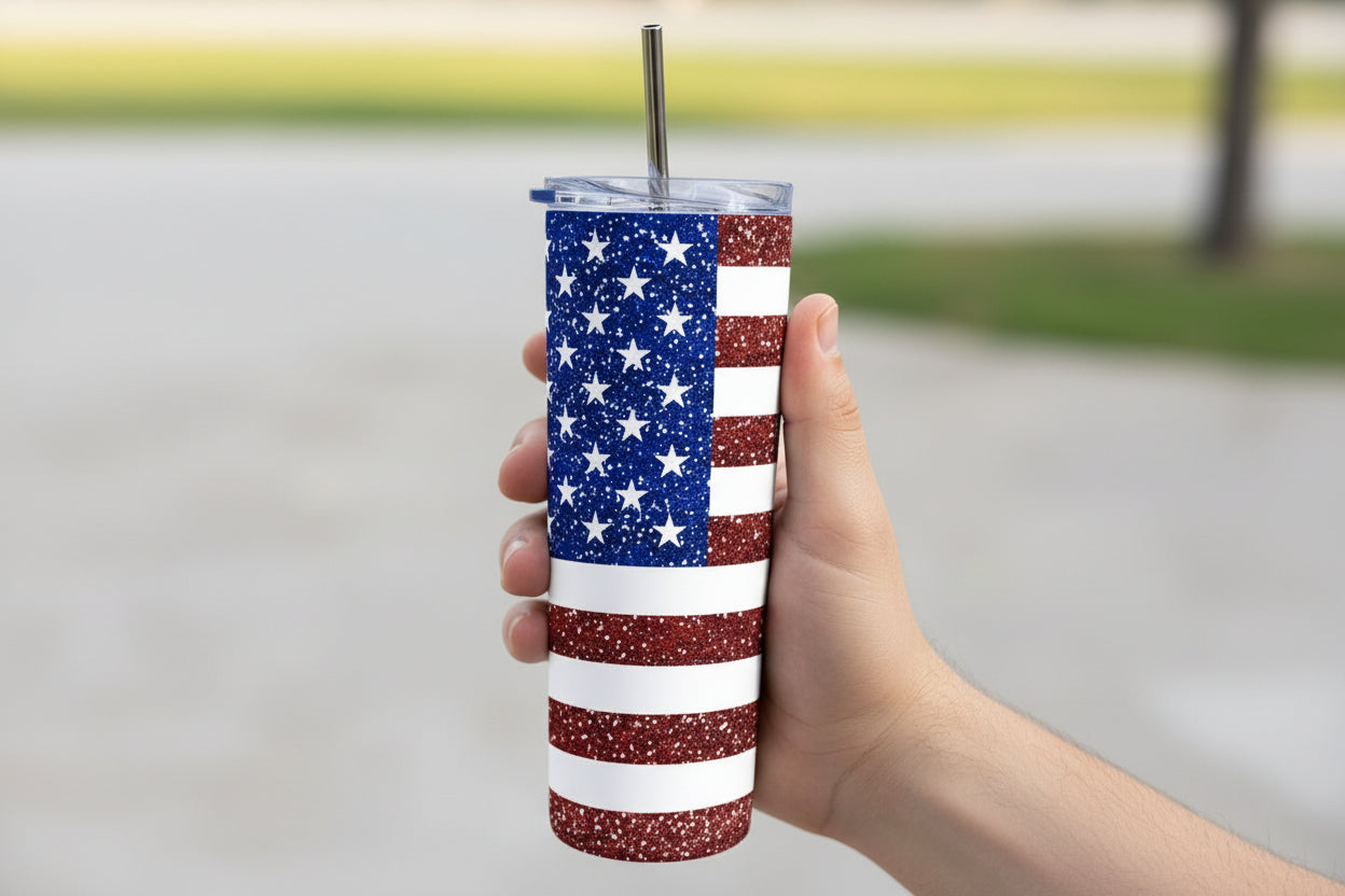 Stainless Steel, 20oz American Flag Themed Skinny Tumbler w/lid & straw