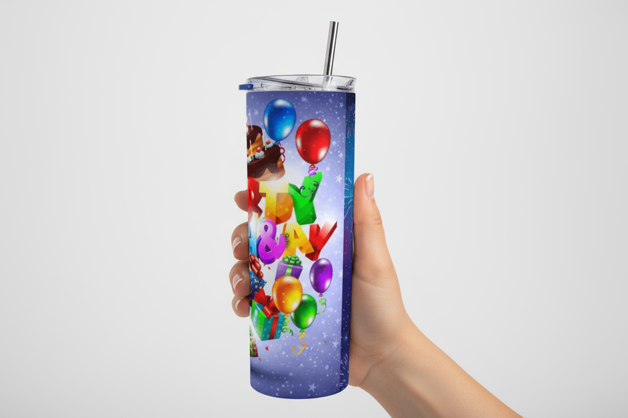 Stainless Steel 20oz Happy Birthday/Happy New Year Themed Skinny Tumbler w/lid & straw