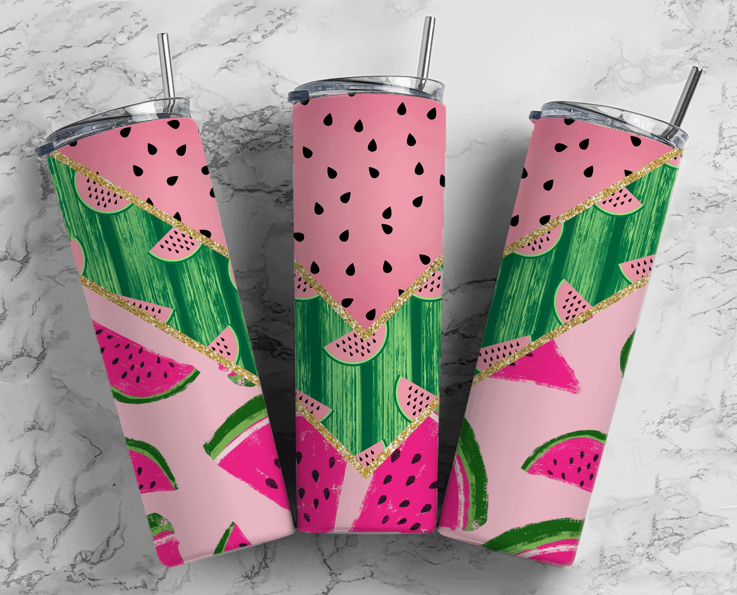 Stainless Steel 20oz Watermelon Themed Skinny Tumbler w/lid & straw