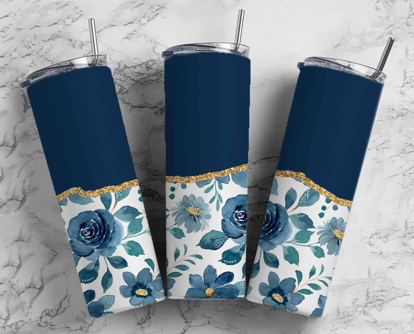 Stainless Steel, 20oz Navy Blue Floral Skinny Tumbler w/lid & straw