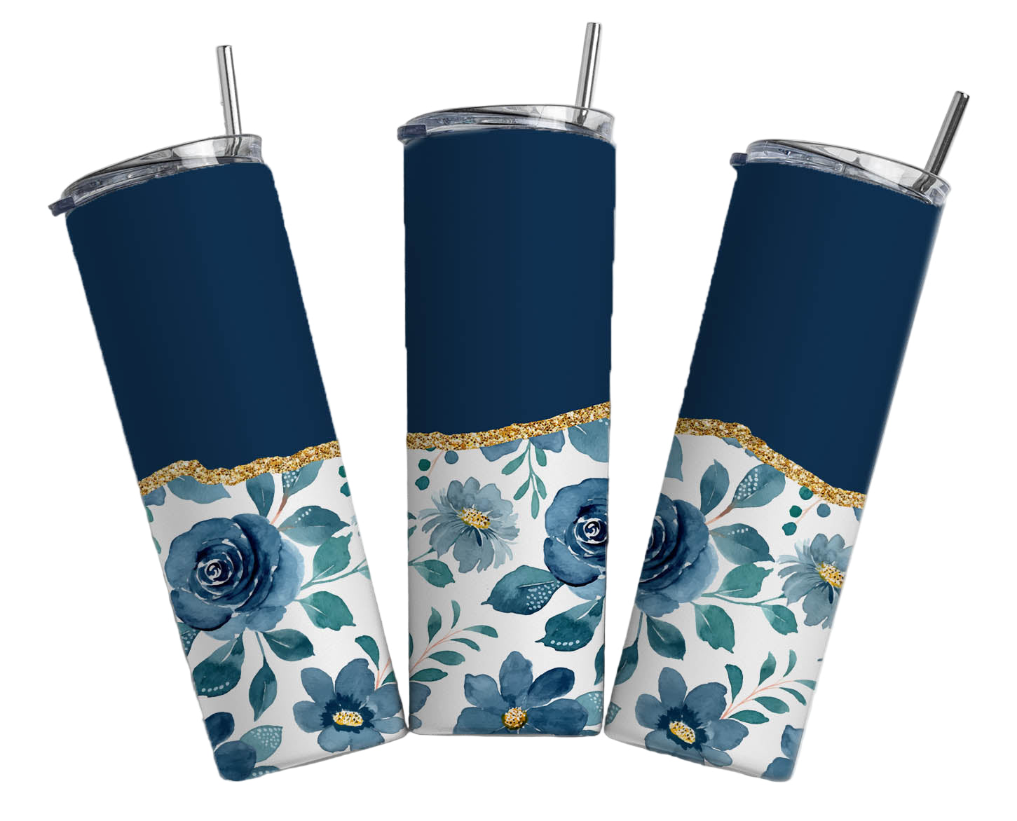 Stainless Steel, 20oz Navy Blue Floral Skinny Tumbler w/lid & straw