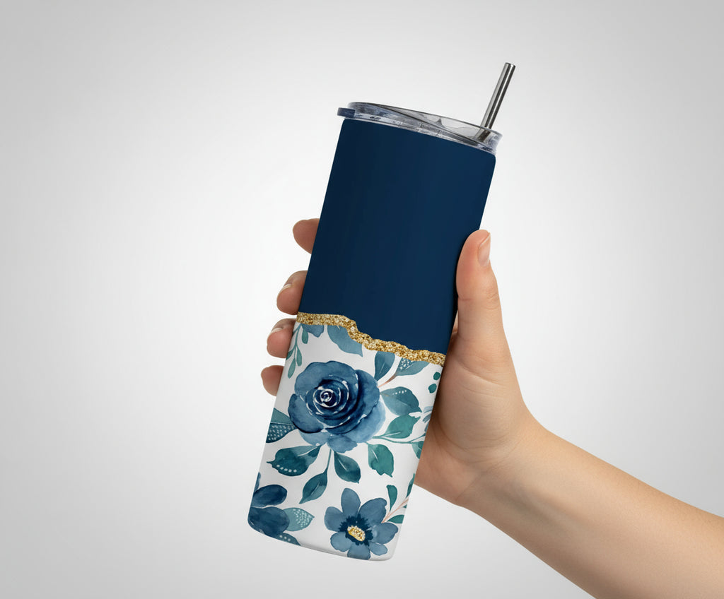 Stainless Steel, 20oz Navy Blue Floral Skinny Tumbler w/lid & straw