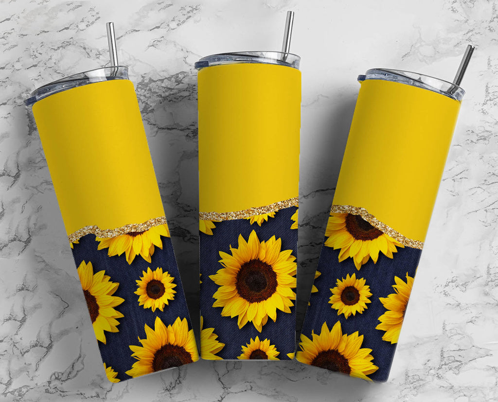 Stainless Steel, 20oz Yellow Sunflower Skinny Tumbler w/lid & straw