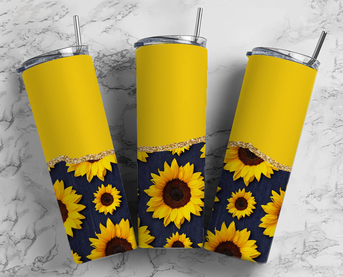 Stainless Steel, 20oz Yellow Sunflower Skinny Tumbler w/lid & straw