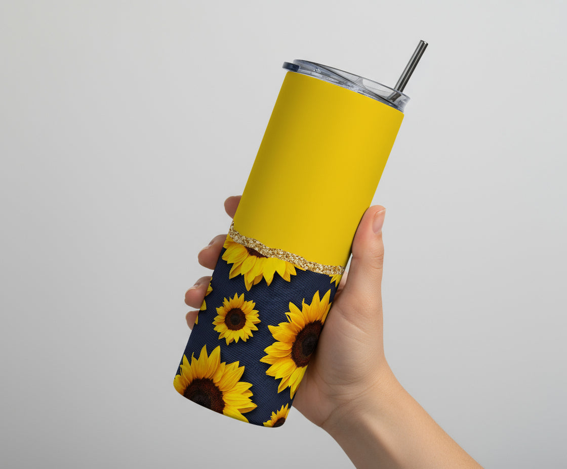 Stainless Steel, 20oz Yellow Sunflower Skinny Tumbler w/lid & straw