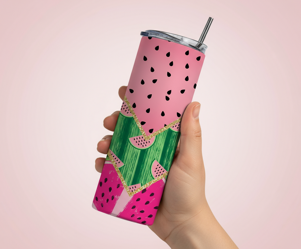 Stainless Steel 20oz Watermelon Themed Skinny Tumbler w/lid & straw