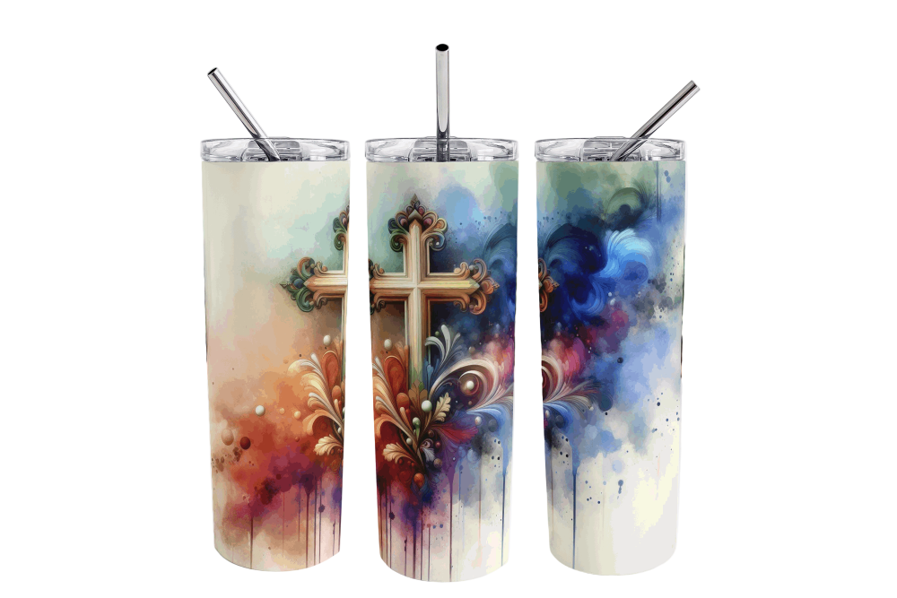 Stainless Steel 20oz Cross Skinny Tumbler w/lid & straw