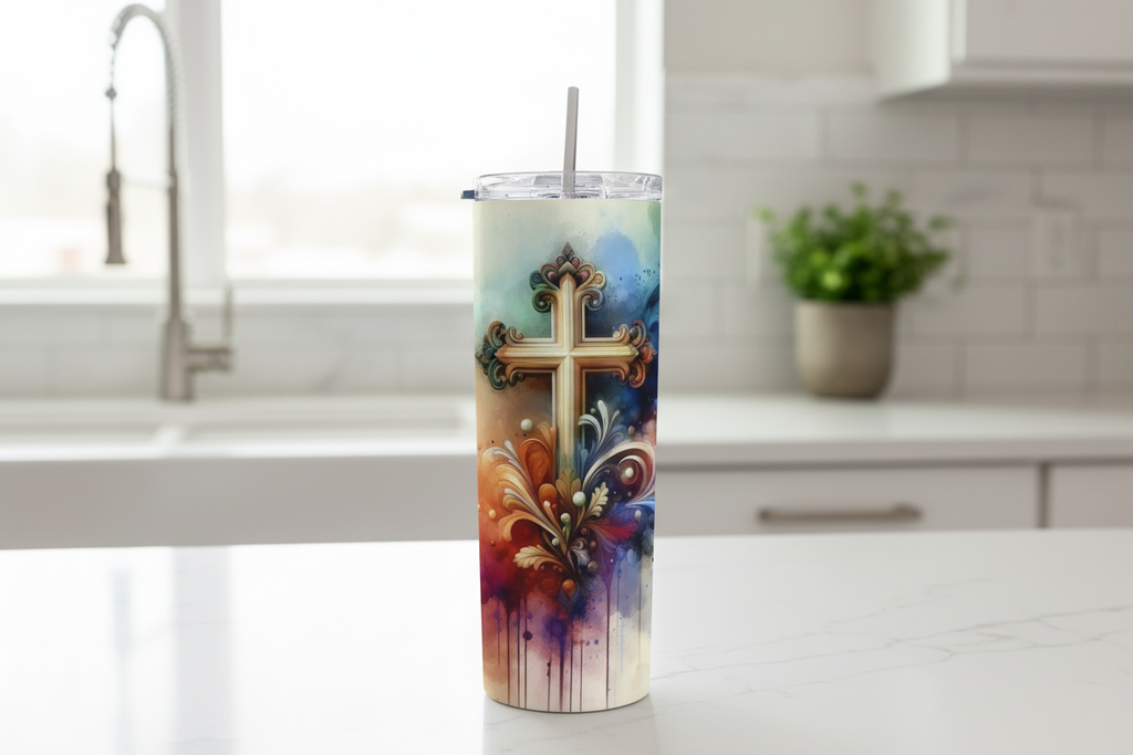 Stainless Steel 20oz Cross Skinny Tumbler w/lid & straw