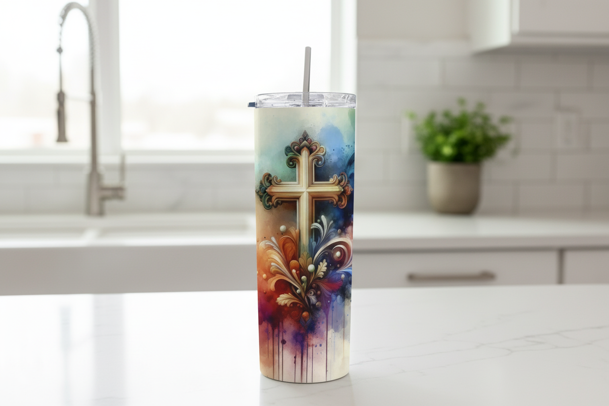 Stainless Steel 20oz Cross Skinny Tumbler w/lid & straw