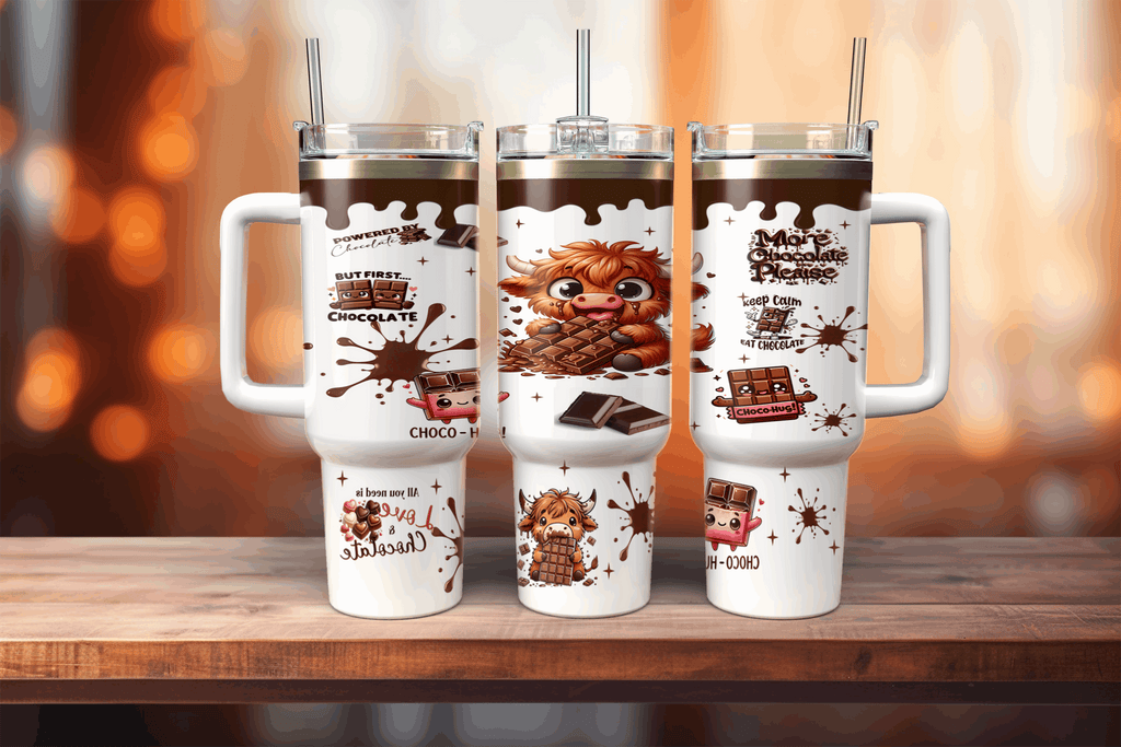 Stainless Steel, 40oz I Love Chocolate Themed Tumbler w/Handle, lid & straw