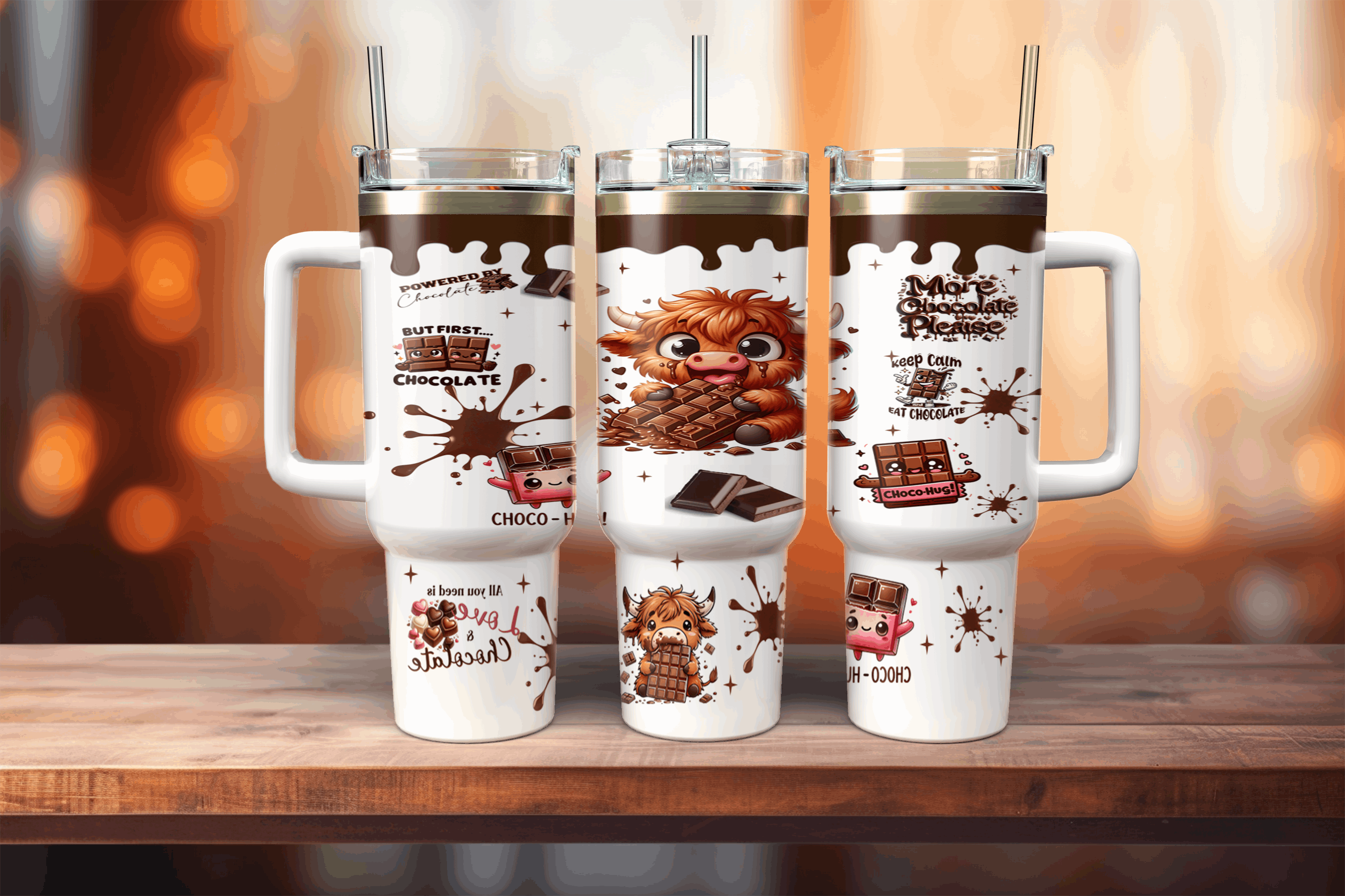 Stainless Steel, 40oz I Love Chocolate Themed Tumbler w/Handle, lid & straw