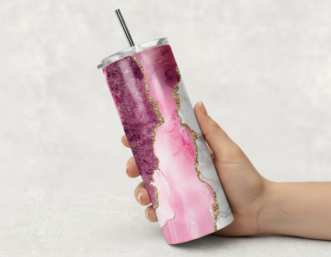 Stainless Steel, 20oz Pink Marble Themed Skinny Tumbler w/lid & straw, can be personalized with name