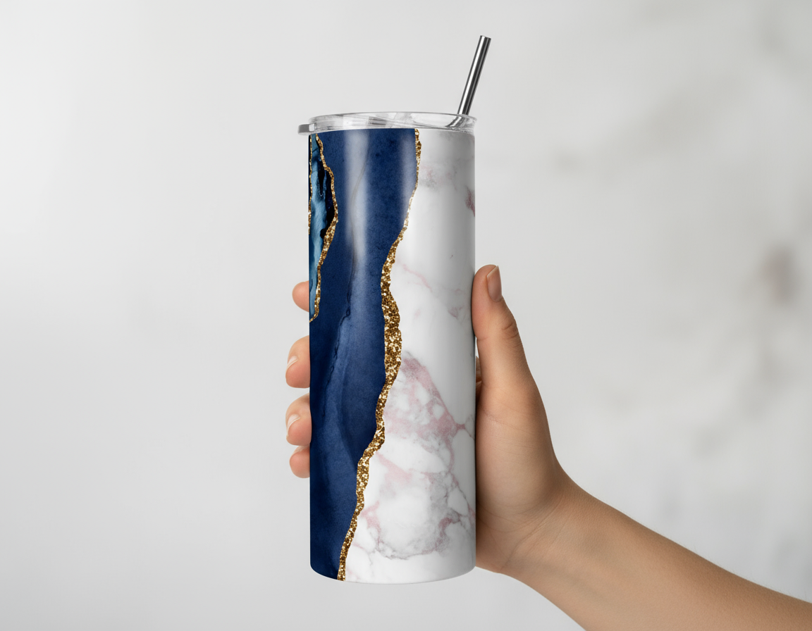 Stainless Steel 20oz Blue Marble Themed Skinny Tumbler w/lid & straw, can be personalized with name