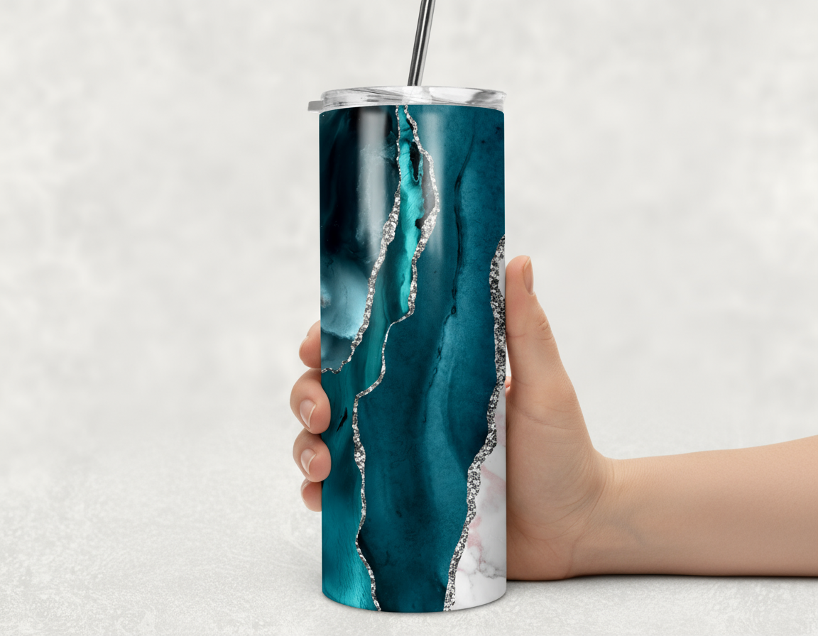 Stainless Steel, 20oz Teal Marble Themed Skinny Tumbler w/lid & straw, can be personalized with name
