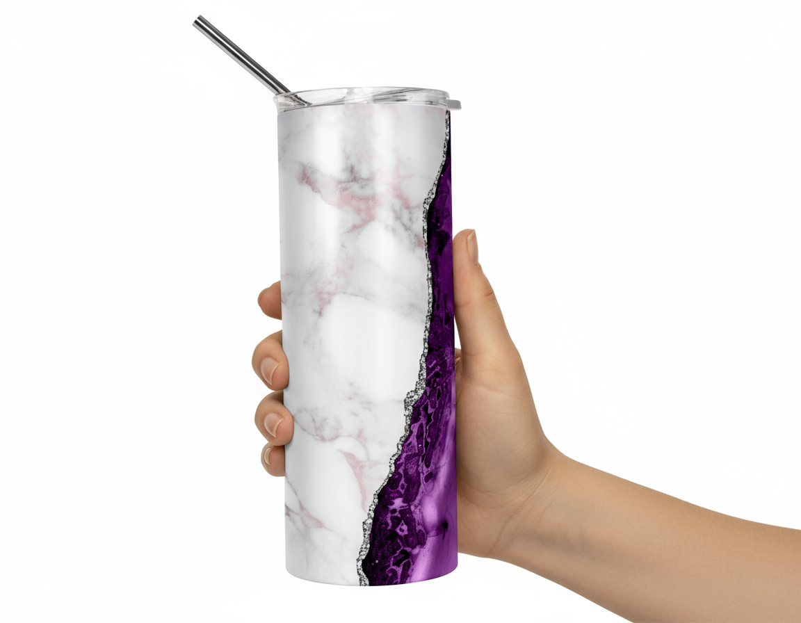 Stainless Steel, 20oz Purple Marble Themed Skinny Tumbler w/lid & straw, can be personalized with name