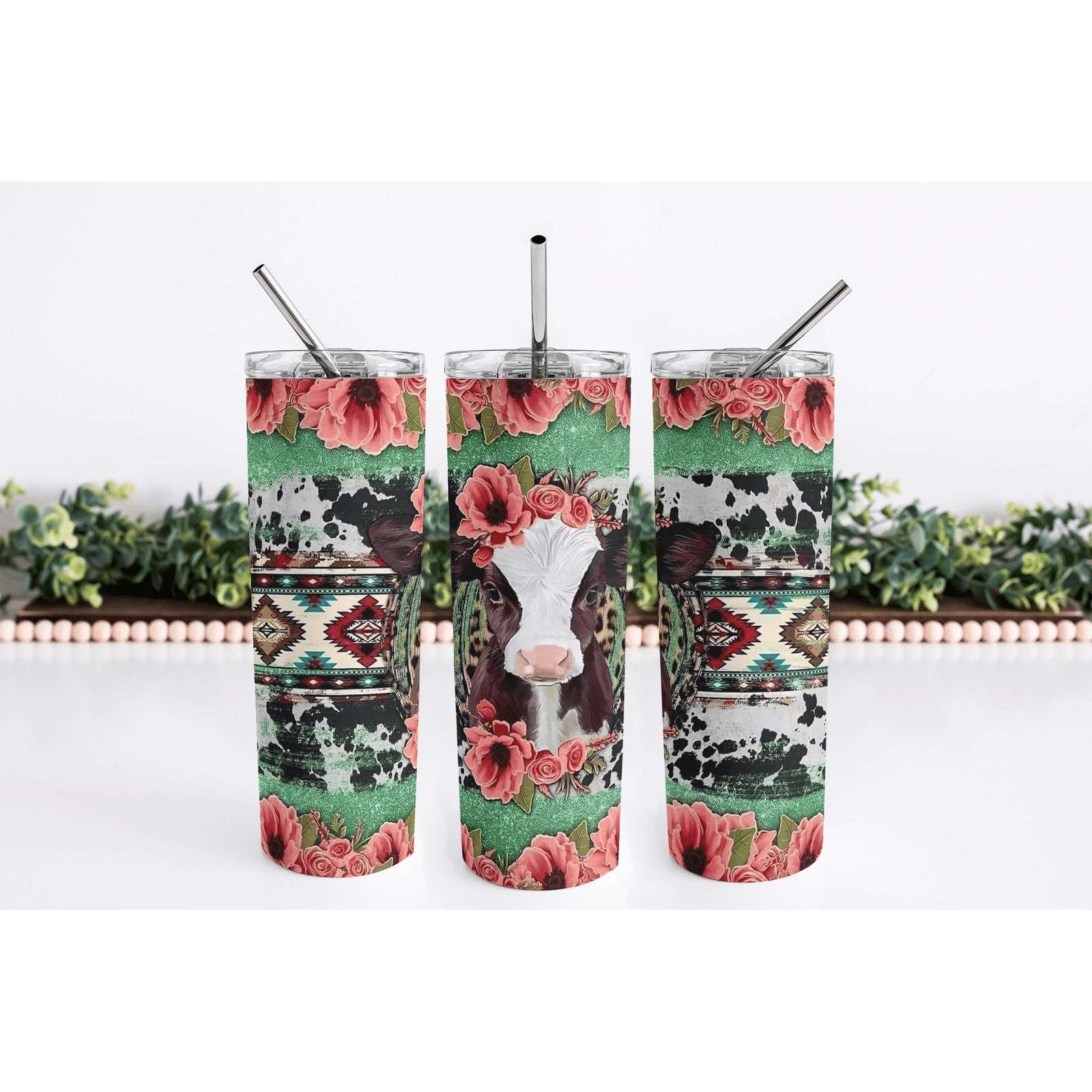 Pink Flower Cow Skinny Tumbler My Simple Creations 