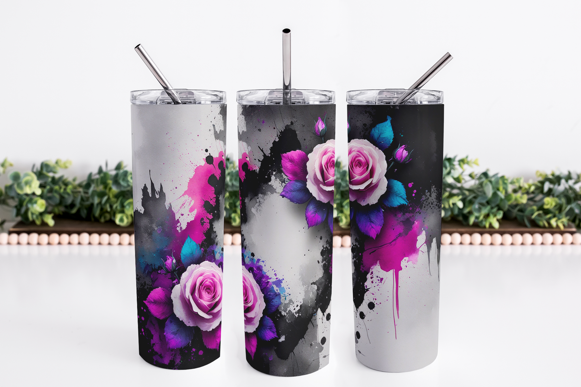 Stainless Steel, 20oz Rose Splatter Skinny Tumbler w/lid & straw