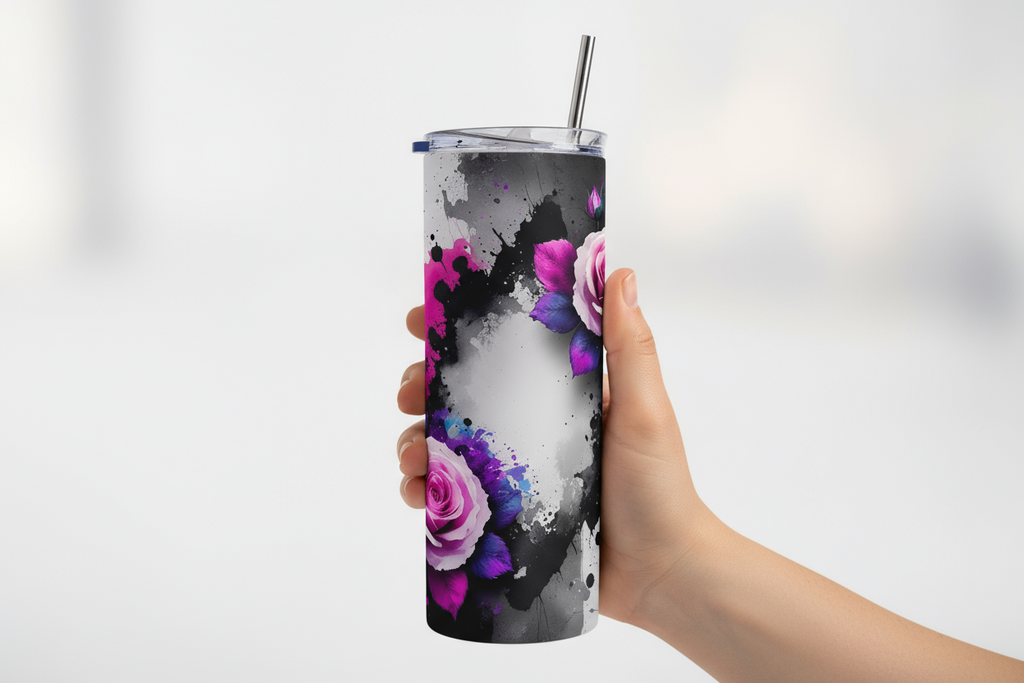 Stainless Steel, 20oz Rose Splatter Skinny Tumbler w/lid & straw