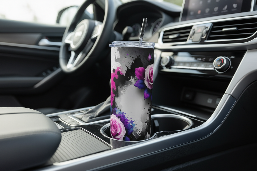 Stainless Steel, 20oz Rose Splatter Skinny Tumbler w/lid & straw