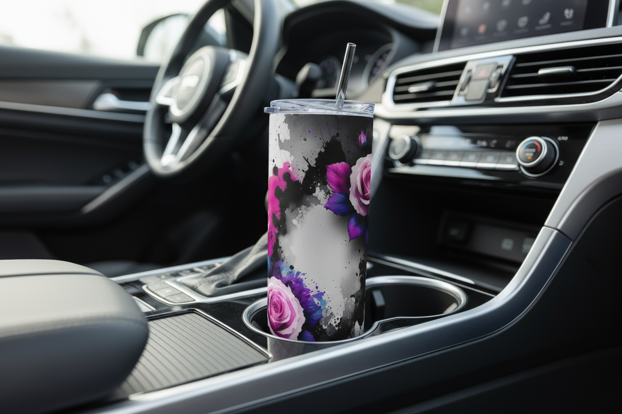 Stainless Steel, 20oz Rose Splatter Skinny Tumbler w/lid & straw