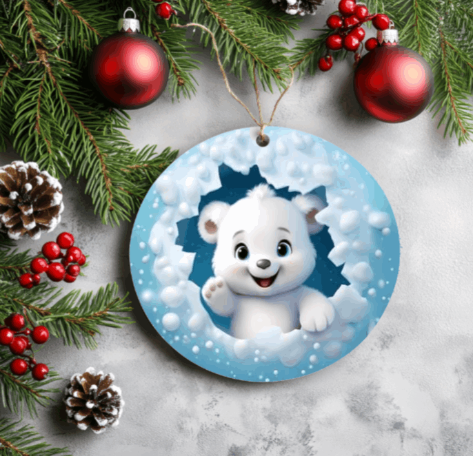 Cute Little Polar Bear Cub, Metal Double Sided Ornament