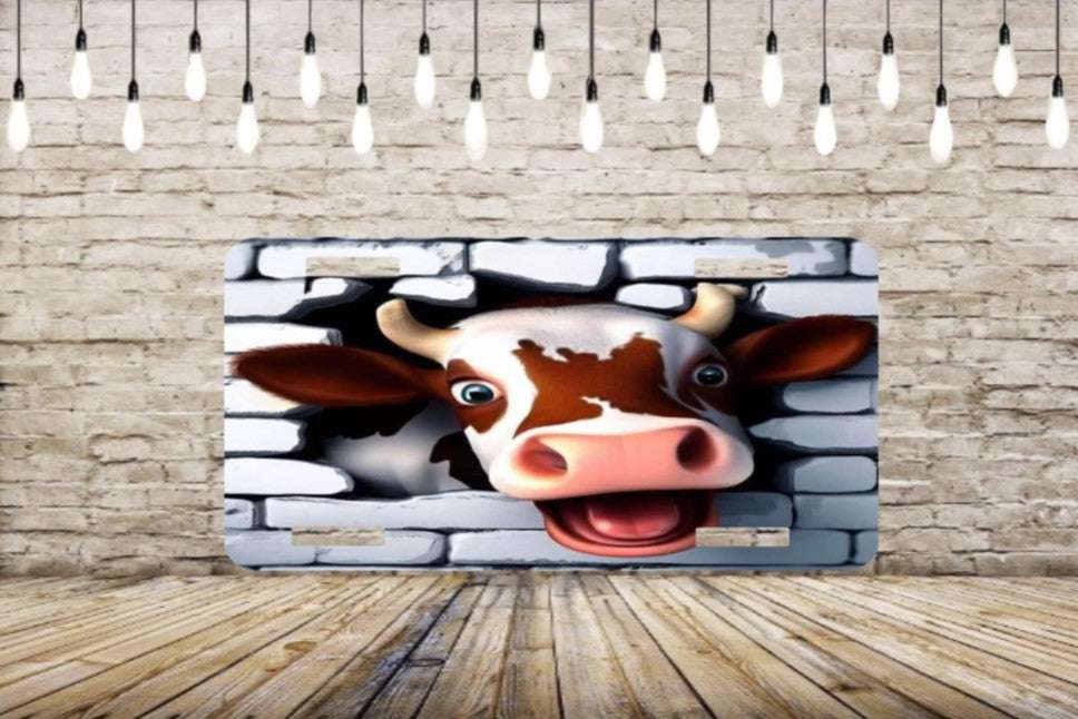 Cow Breaking Out License Plate
