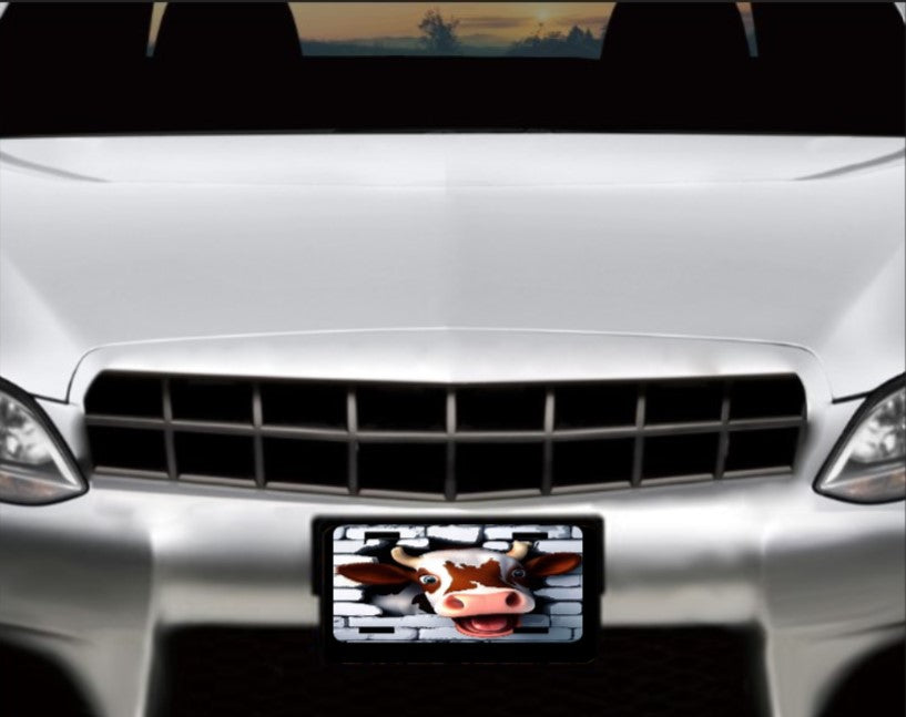 Cow Breaking Out License Plate