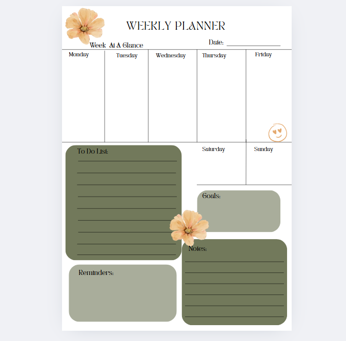 52-page Floral Weekly Planner with Note, To Do List, Reminders, Goals blocks