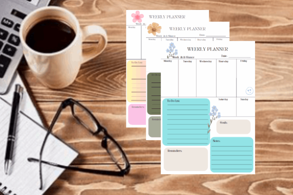 52-page Floral Weekly Planner with Note, To Do List, Reminders, Goals blocks
